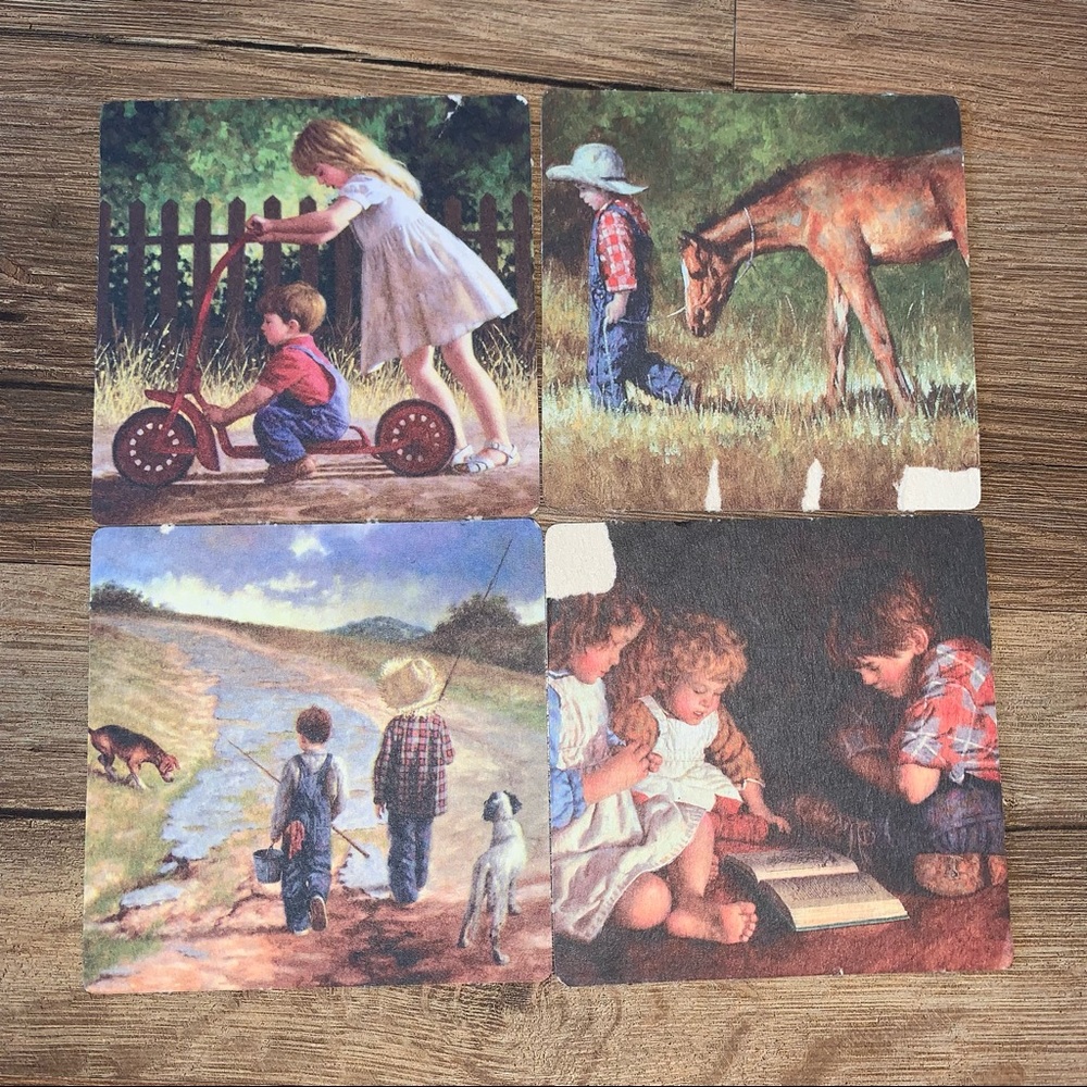 Vintage 4pc Coaster Set Farm Children Horses - Picture 4 of 4